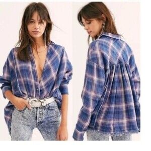 We The Free Seeking Starlight Plaid Oversized women's raw hem shirt L‎